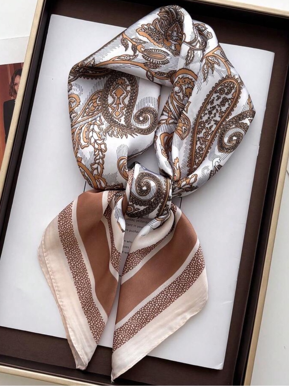 Paisley-Print Neck Scarf in White, Brown & Cream 27.5”